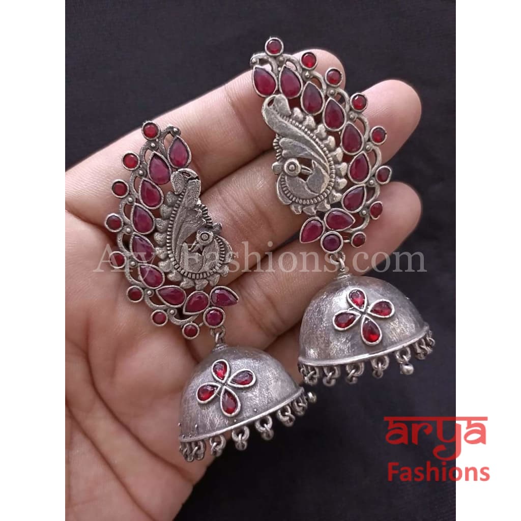 Silver Oxidized Jhumka Earrings with Multi-color stones