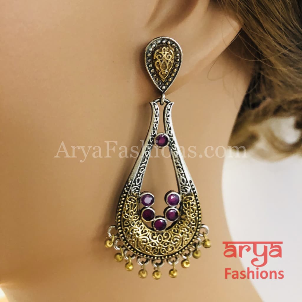 Silver Oxidized Jhumka Ethnic Earrings with colorful stones