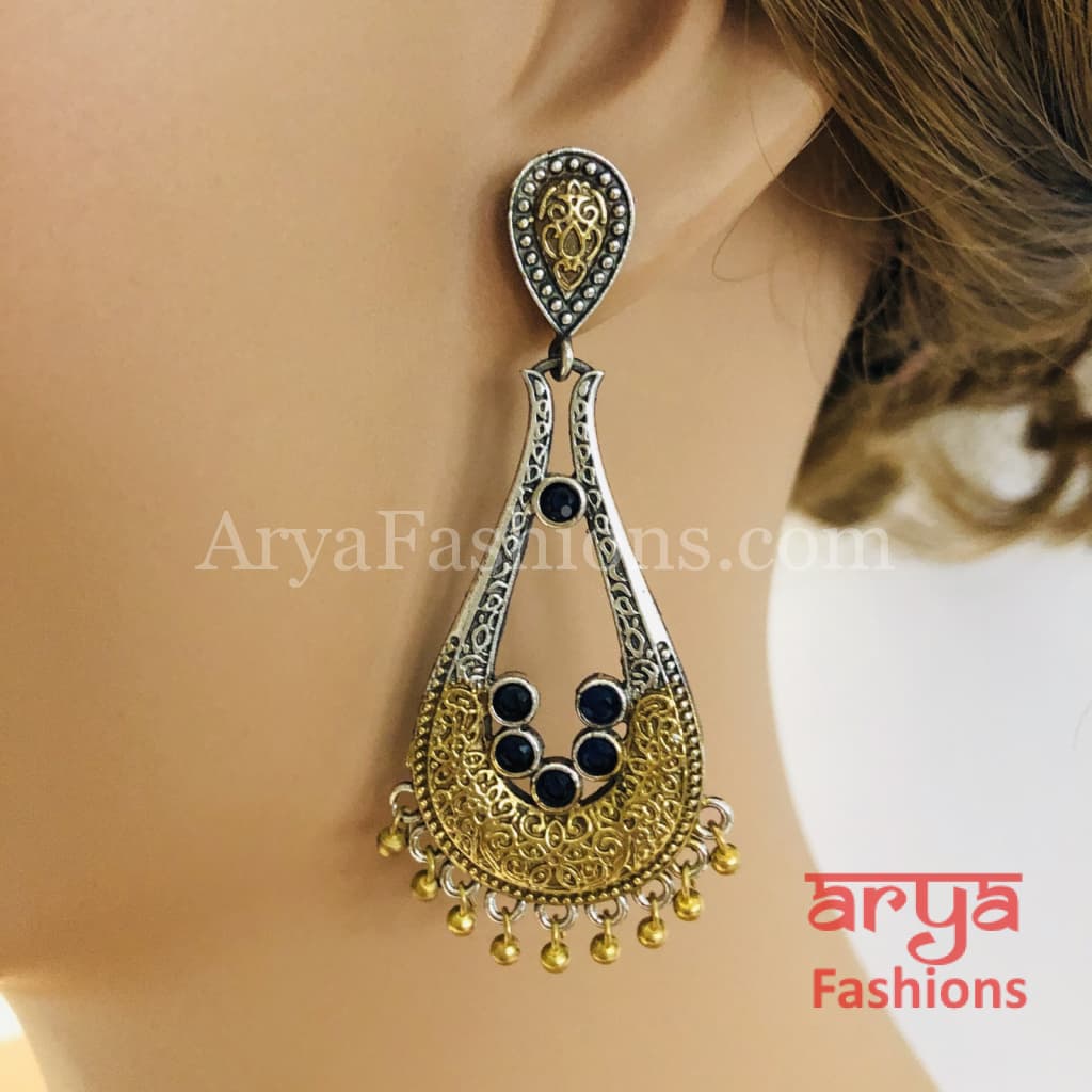 Silver Oxidized Jhumka Ethnic Earrings with colorful stones