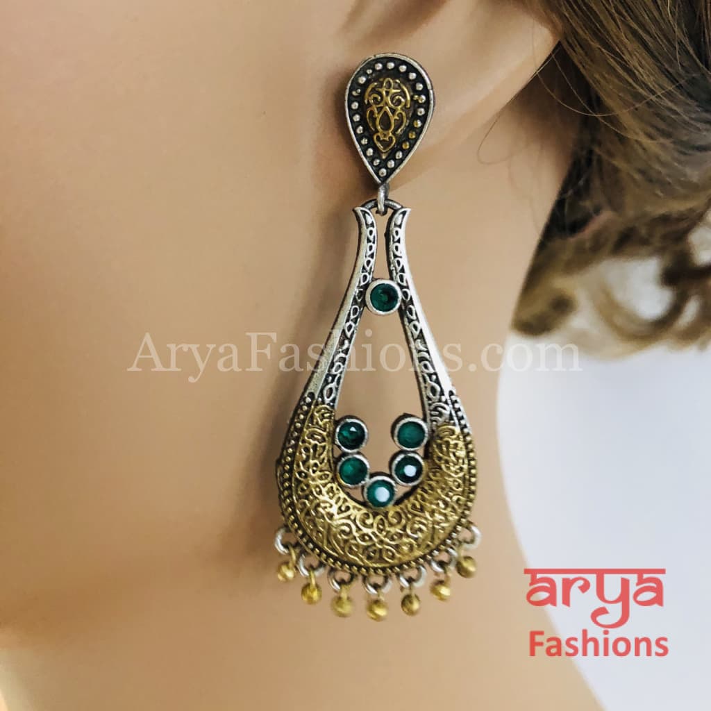 Silver Oxidized Jhumka Ethnic Earrings with colorful stones