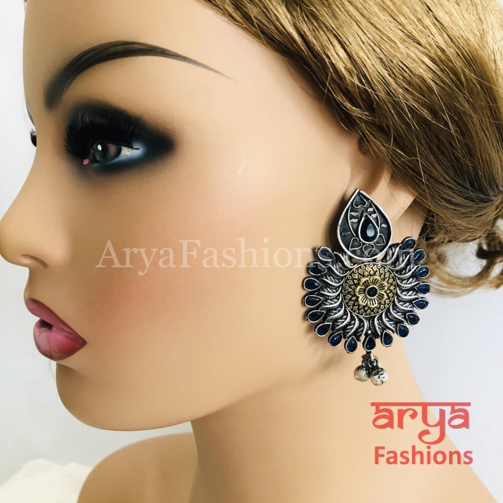 Silver Oxidized Jhumka Tribal Earrings in Dual Tone