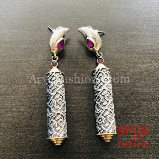 Silver Oxidized Long Tribal Ethnic Earrings with colored stones