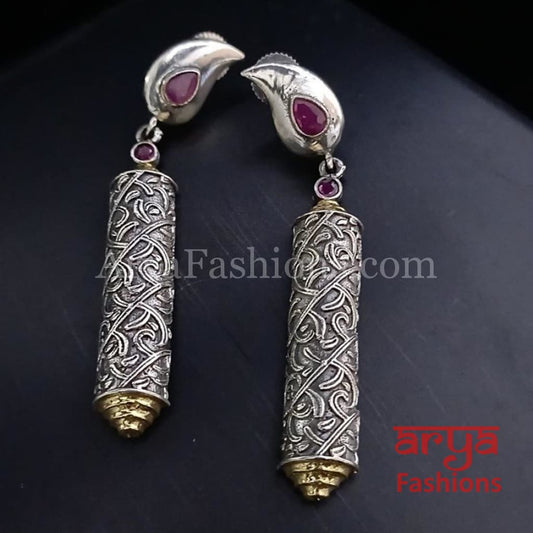 Silver Oxidized Long Tribal Ethnic Earrings with colored stones