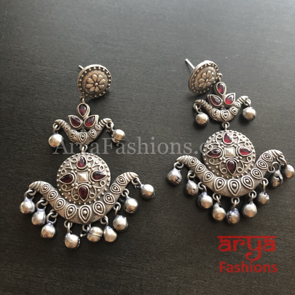 Silver Oxidized Long Tribal Ethnic Earrings with colored stones