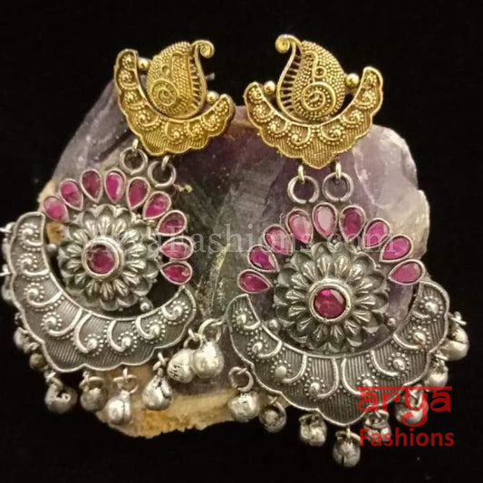 Silver Oxidized Long Tribal Ethnic Earrings with colored stones