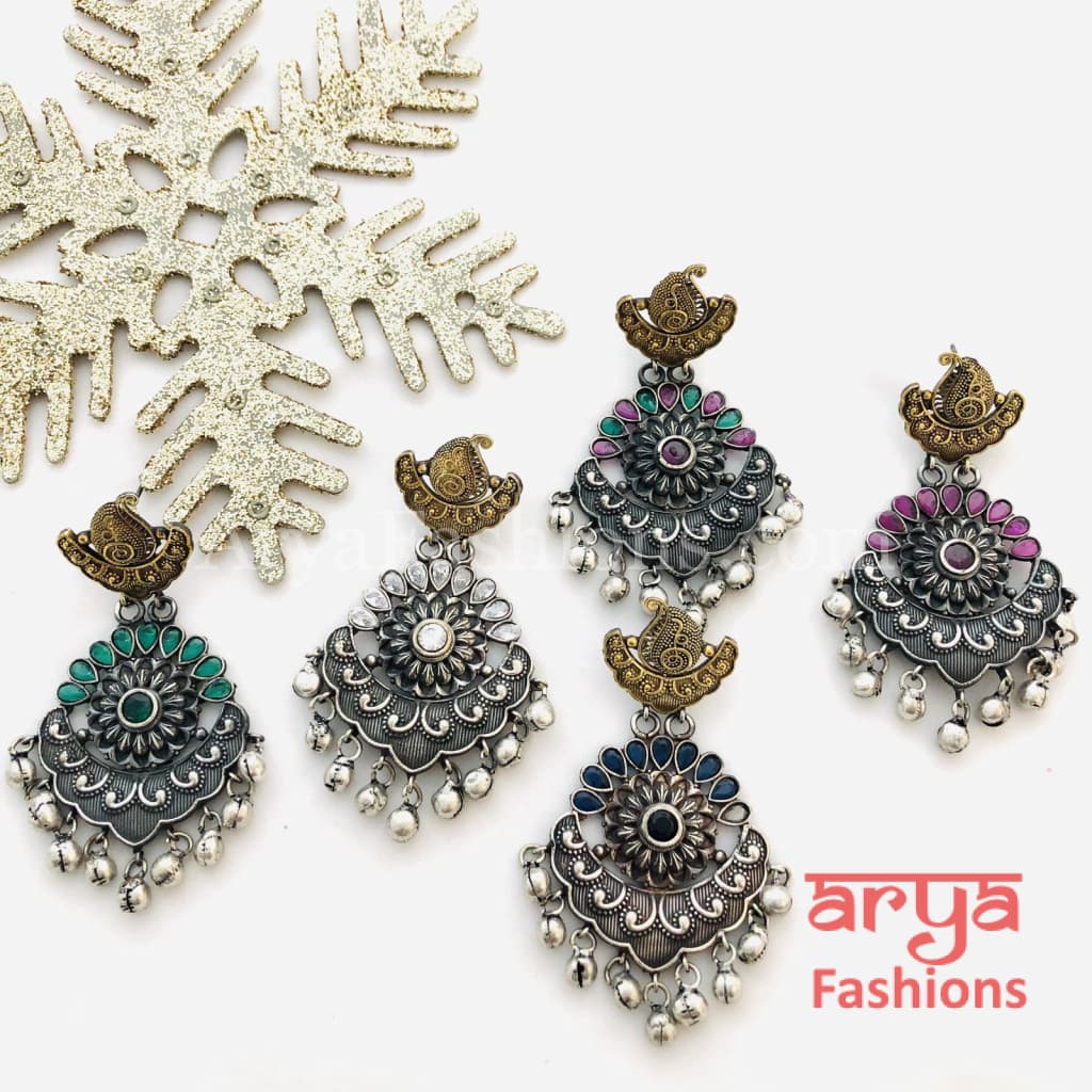 Silver Oxidized Long Tribal Ethnic Earrings with colored stones