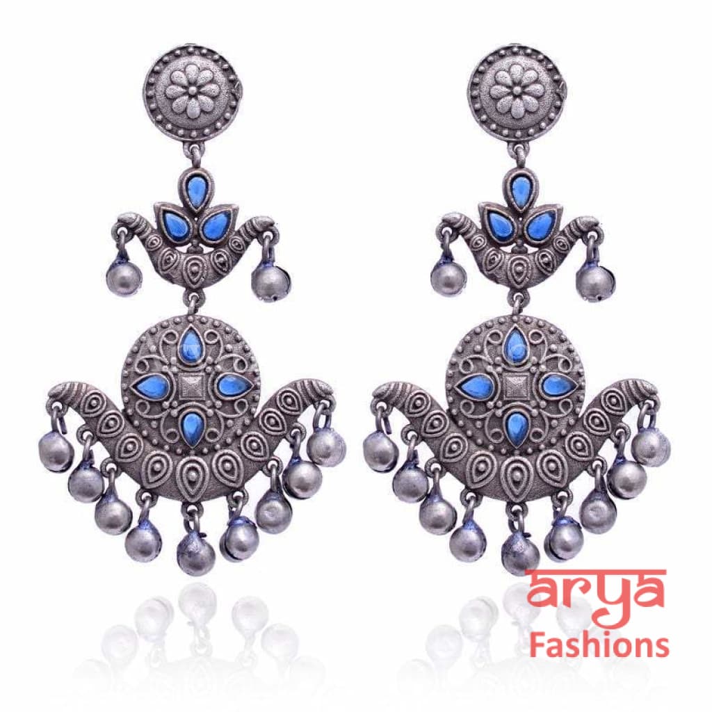 Silver Oxidized Long Tribal Ethnic Earrings with colored stones