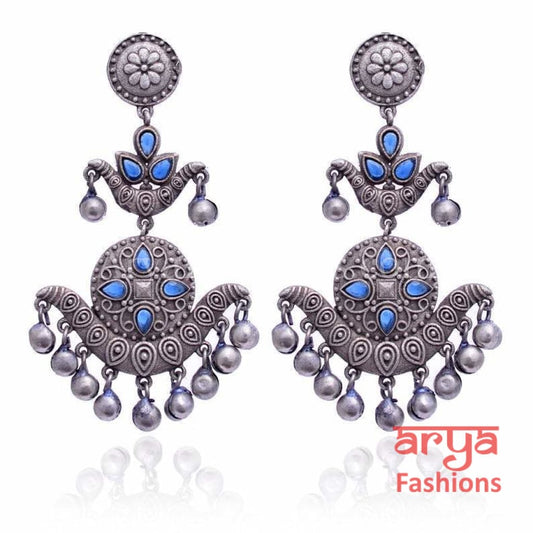 Silver Oxidized Long Tribal Ethnic Earrings with colored stones