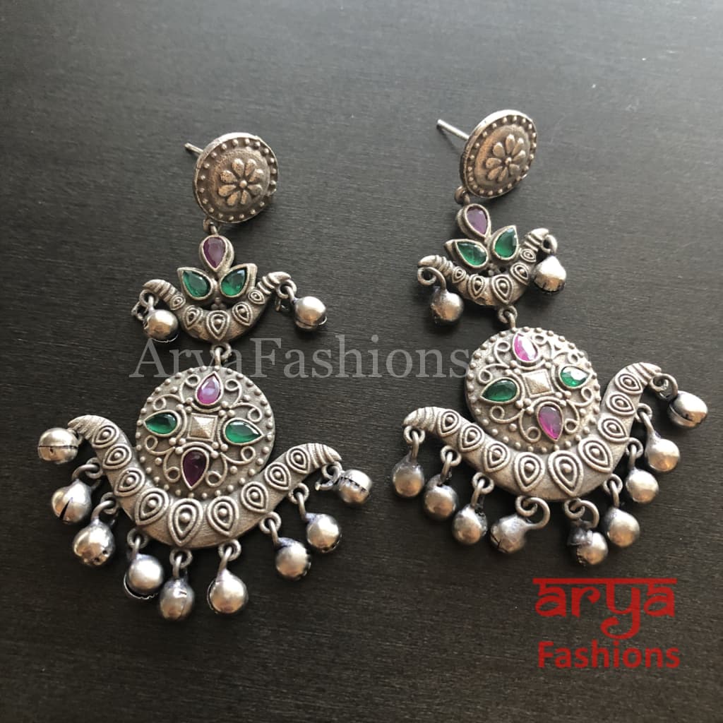 Silver Oxidized Long Tribal Ethnic Earrings with colored stones