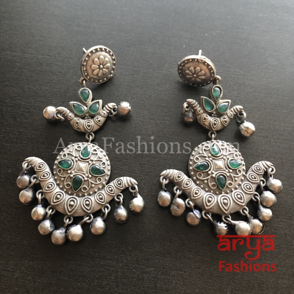 Silver Oxidized Long Tribal Ethnic Earrings with colored stones