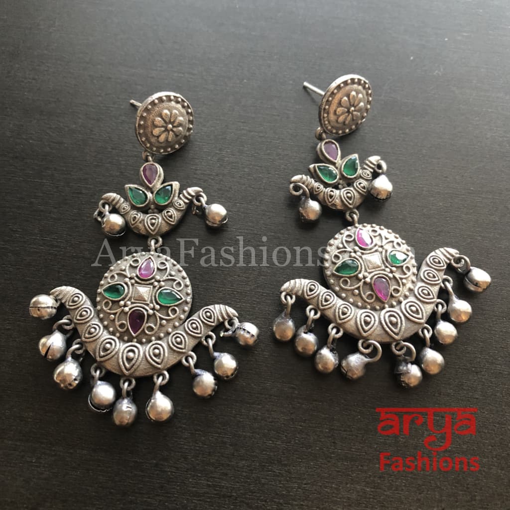 Silver Oxidized Long Tribal Ethnic Earrings with colored stones
