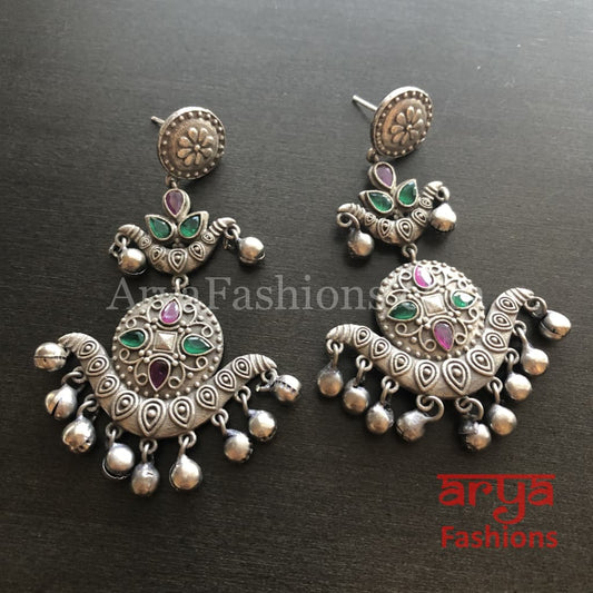 Silver Oxidized Long Tribal Ethnic Earrings with colored stones