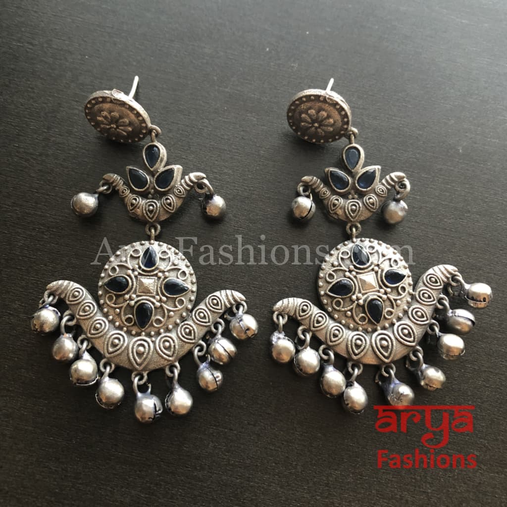 Silver Oxidized Long Tribal Ethnic Earrings with colored stones