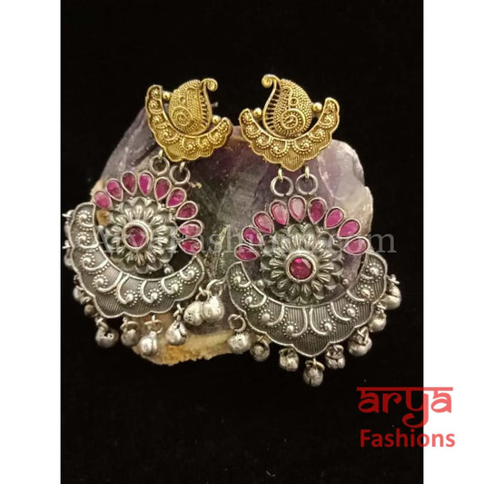 Silver Oxidized Long Tribal Ethnic Earrings with colored stones