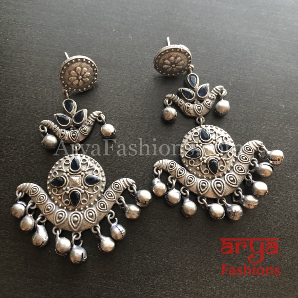 Silver Oxidized Long Tribal Ethnic Earrings with colored stones