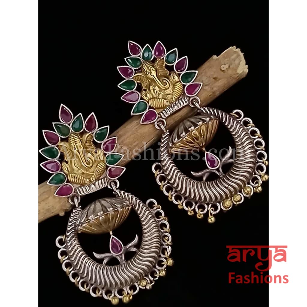 Silver Oxidized Party Jhumka Earrings with colorful stones
