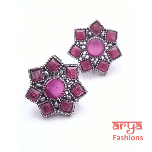 Silver Oxidized Star Earrings with colored stones