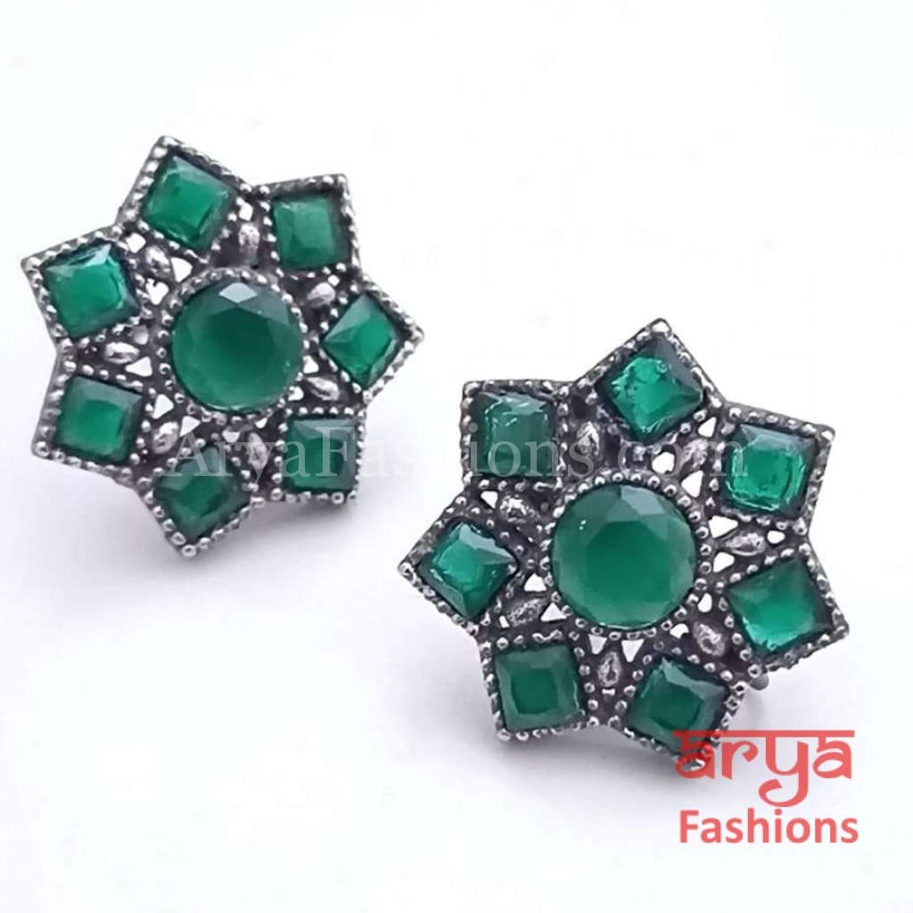 Silver Oxidized Star Earrings with colored stones