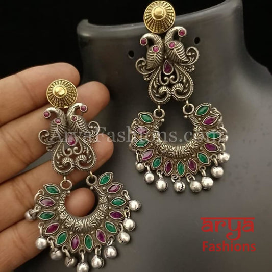 Silver Oxidized Tribal Earrings with Colorful Cultured Stones