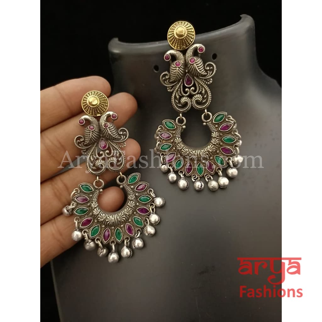 Silver Oxidized Tribal Earrings with Colorful Cultured Stones