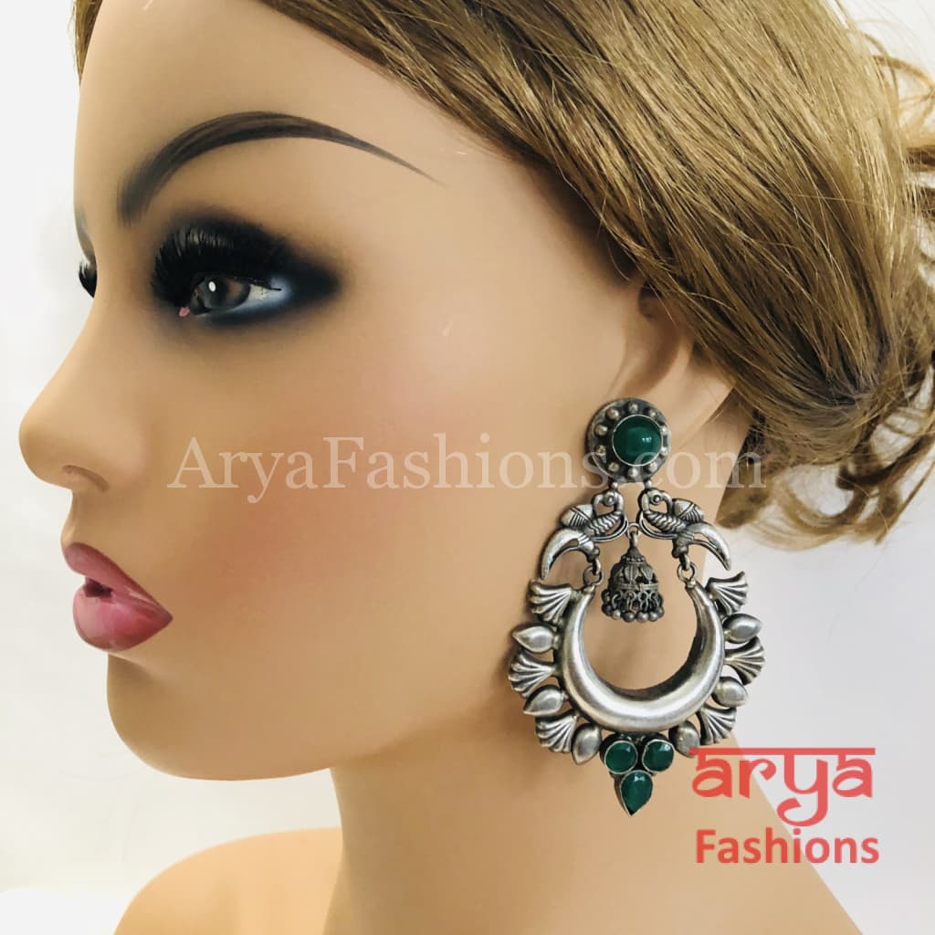 Silver Oxidized Tribal Earrings with Colorful Cultured Stones