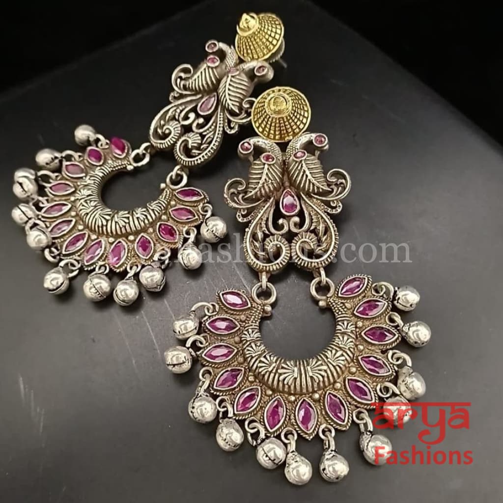 Silver Oxidized Tribal Earrings with Colorful Cultured Stones