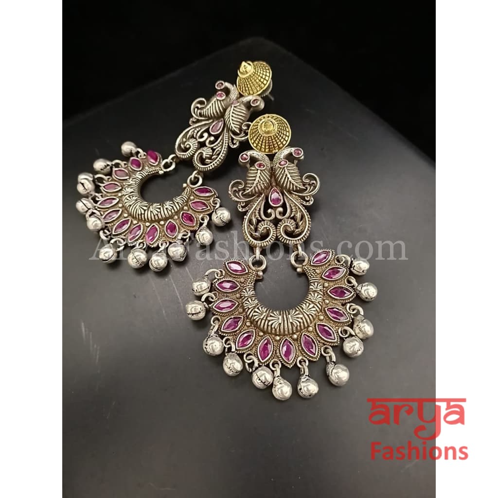 Silver Oxidized Tribal Earrings with Colorful Cultured Stones