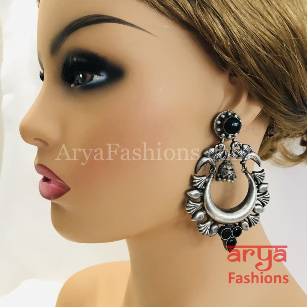Silver Oxidized Tribal Earrings with Colorful Cultured Stones