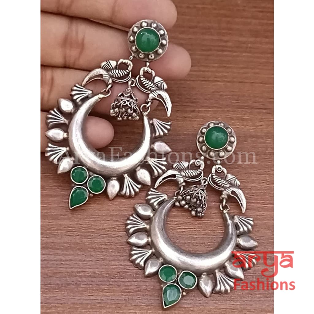 Silver Oxidized Tribal Earrings with Colorful Cultured Stones