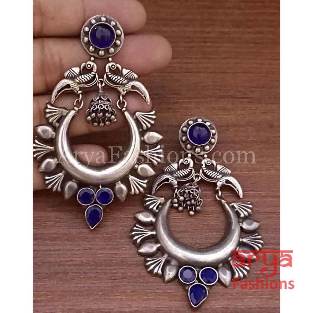 Silver Oxidized Tribal Earrings with Colorful Cultured Stones