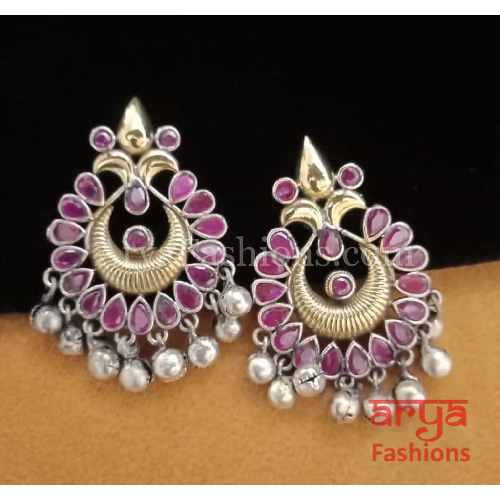 Silver Oxidized Tribal Earrings with Colorful Cultured Stones Dual Tone