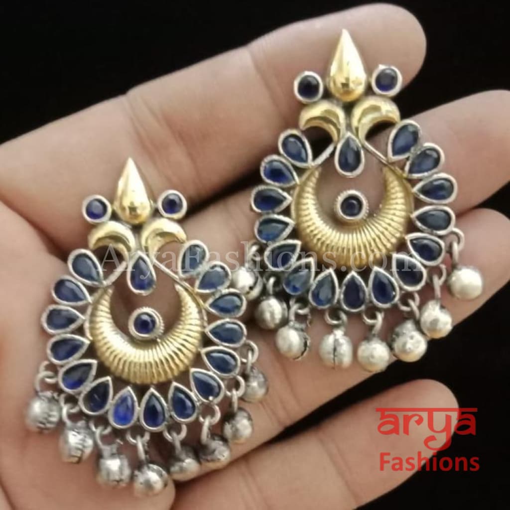Silver Oxidized Tribal Earrings with Colorful Cultured Stones Dual Tone
