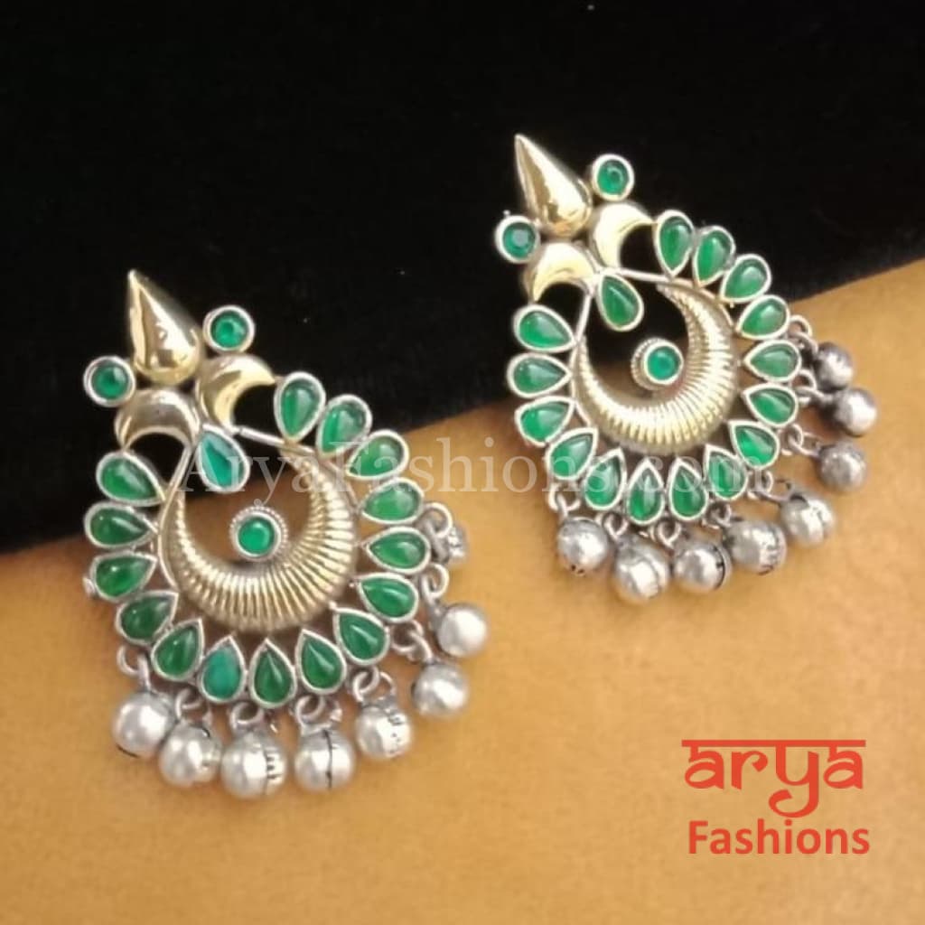 Silver Oxidized Tribal Earrings with Colorful Cultured Stones Dual Tone