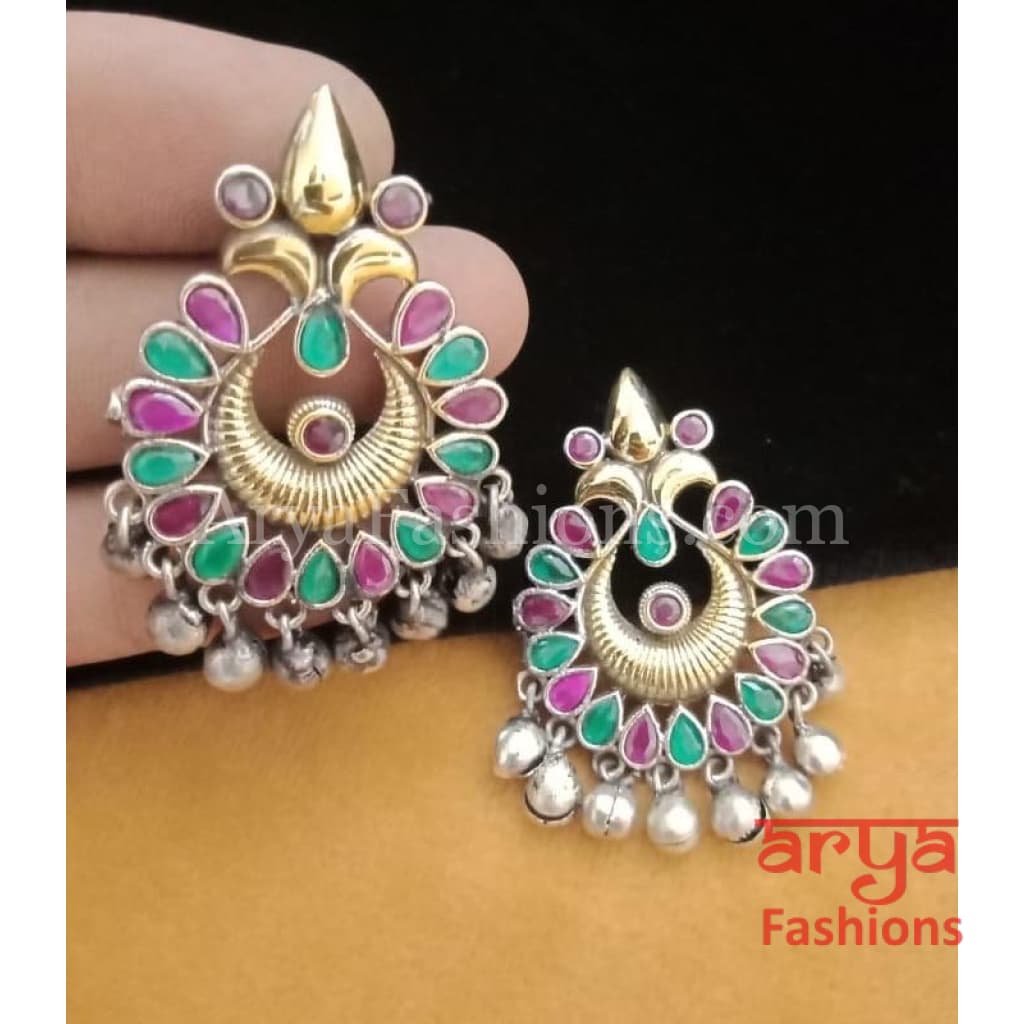 Silver Oxidized Tribal Earrings with Colorful Cultured Stones Dual Tone