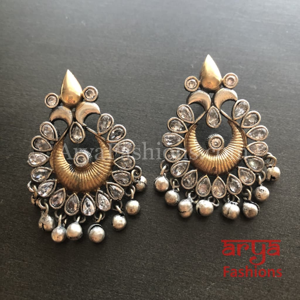 Silver Oxidized Tribal Earrings with Colorful Cultured Stones Dual Tone