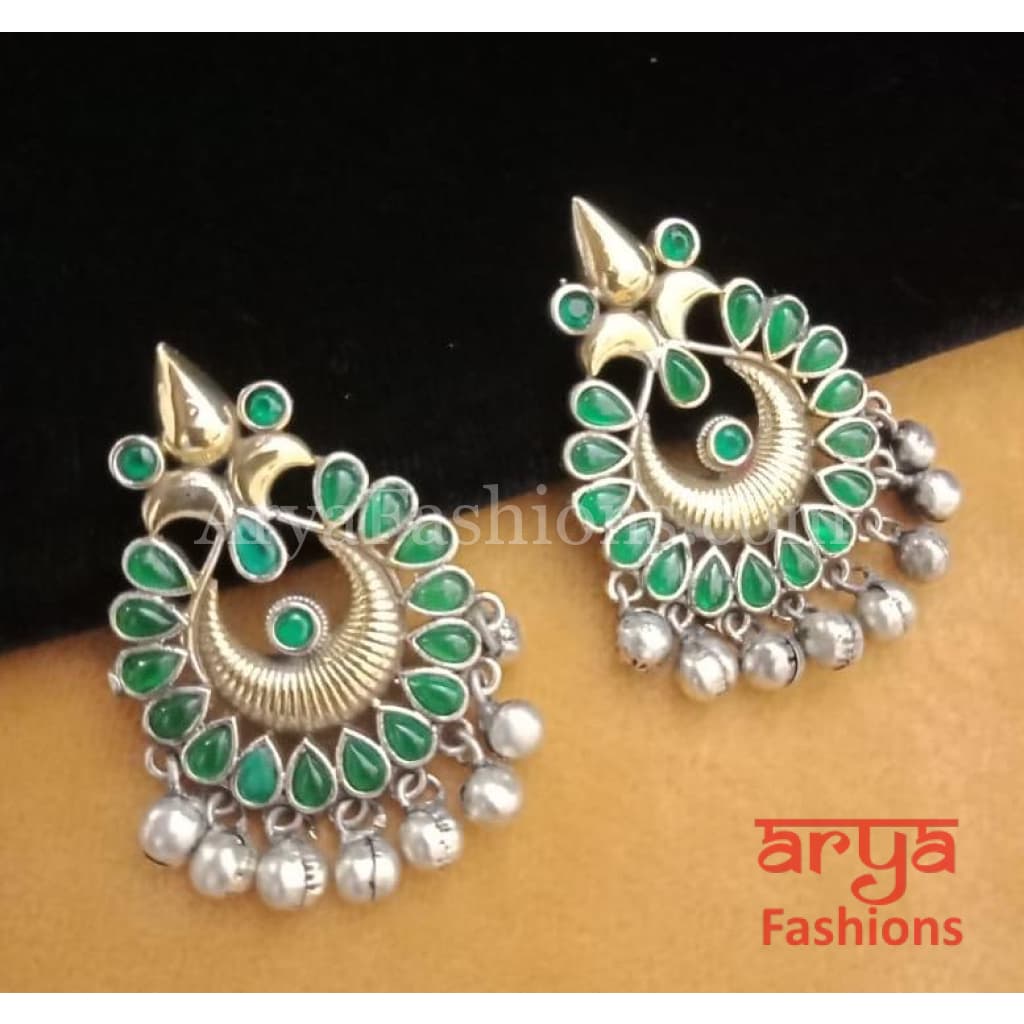 Silver Oxidized Tribal Earrings with Colorful Cultured Stones Dual Tone
