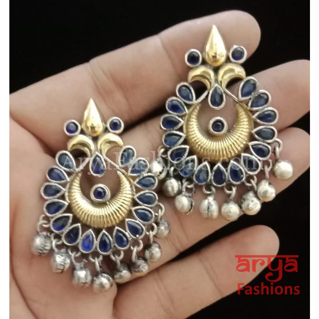 Silver Oxidized Tribal Earrings with Colorful Cultured Stones Dual Tone