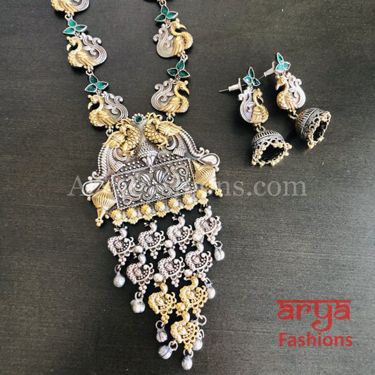 Silver Oxidized Tribal Necklace with Green Cultured Stones