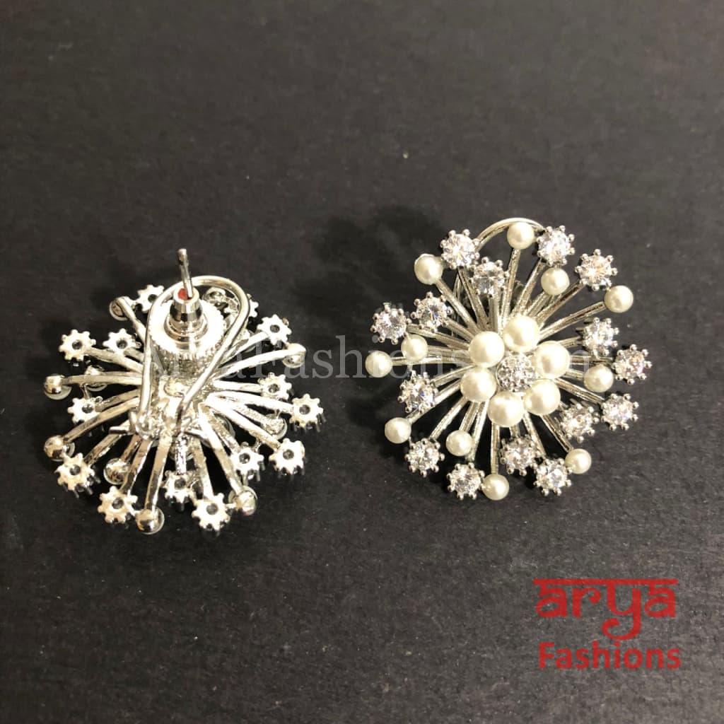 Silver Pearl Cubic Zirconia Designer Studs