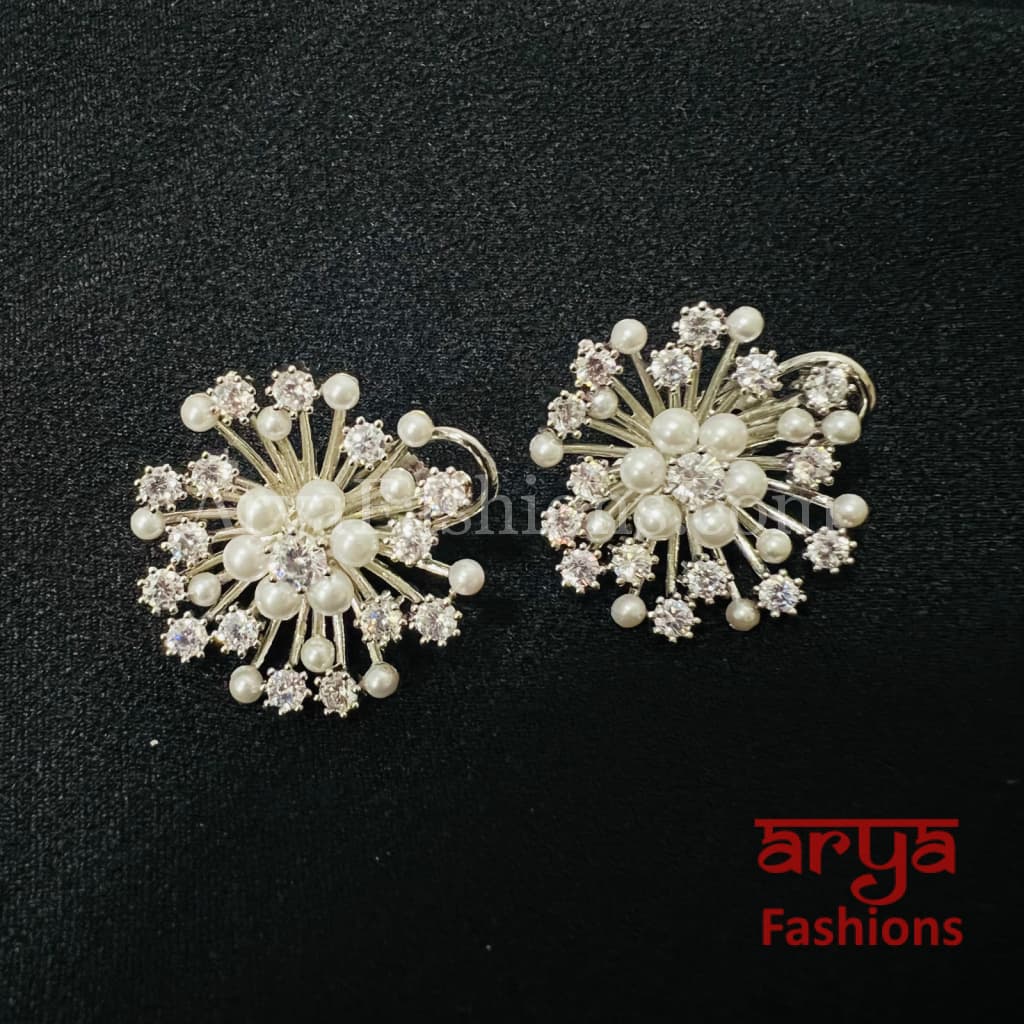 Silver Pearl Cubic Zirconia Designer Studs