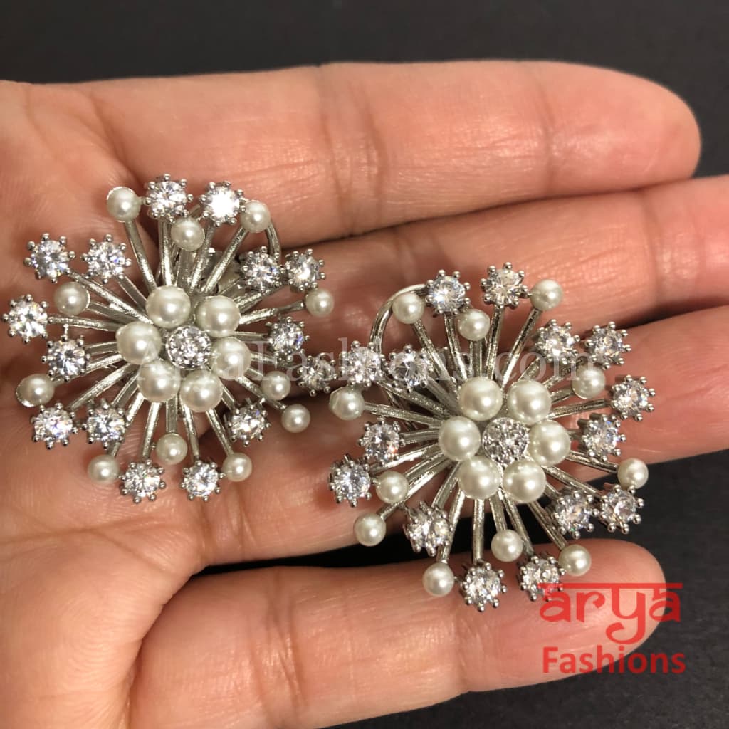 Silver Pearl Cubic Zirconia Designer Studs