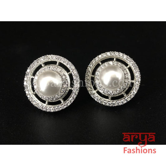 Silver Pearl Cubic Zirconia Round Studs