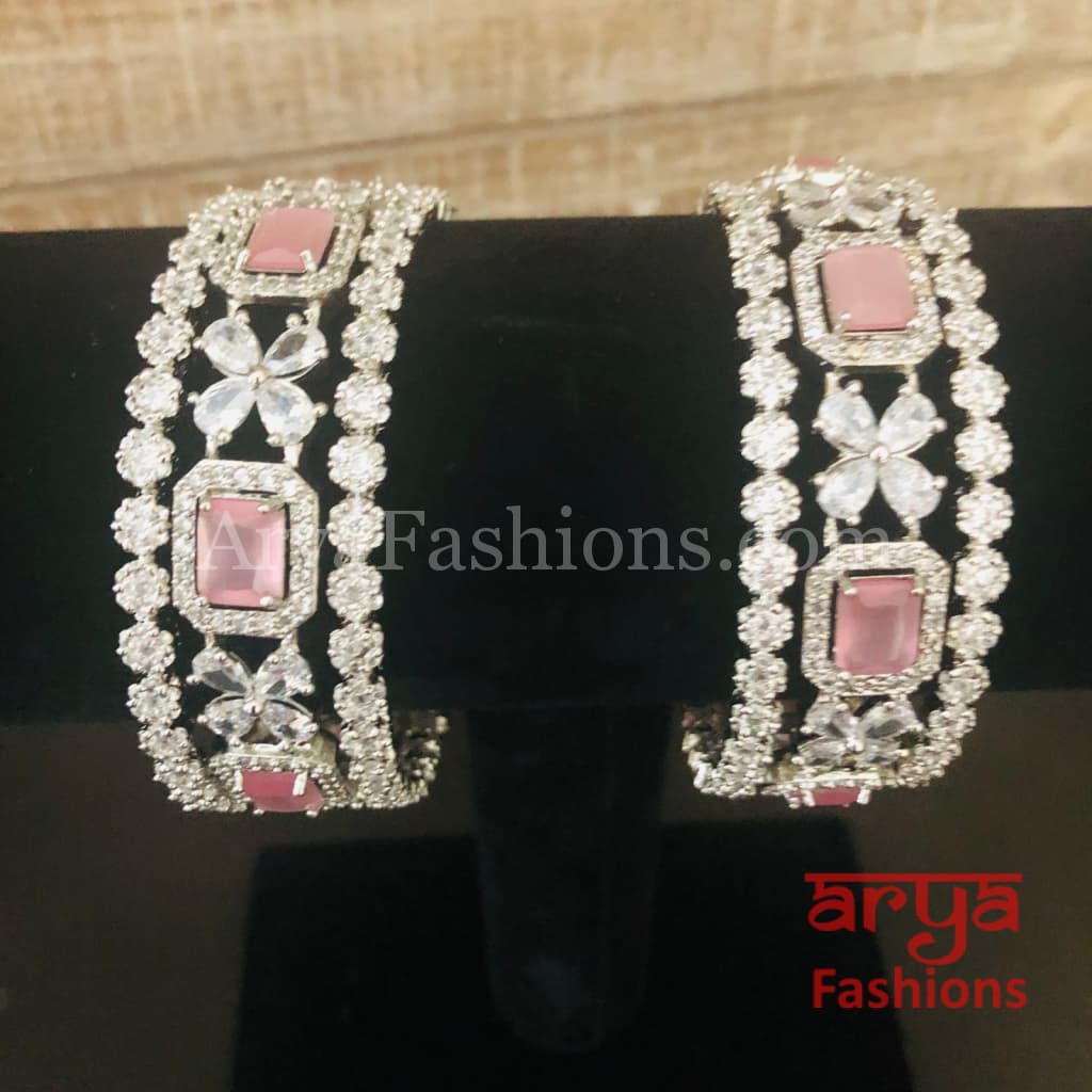 Silver Pink Stone Bangle Set