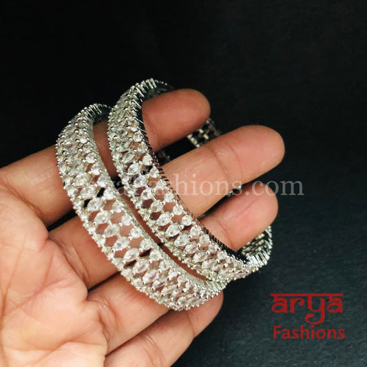 Sirisha Silver Rhodium Cubic Zirconia Statement Bangles set of 2