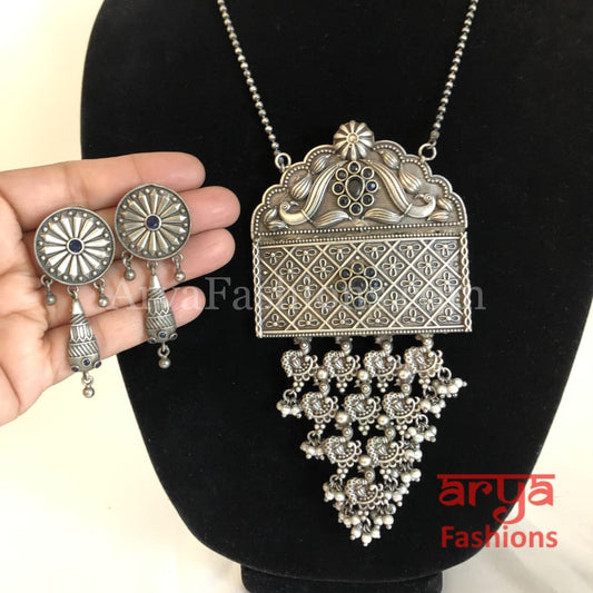 Siya Blue Oxidized Silver Long Statement Necklace