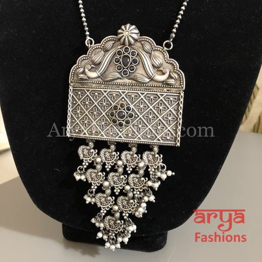 Siya Blue Oxidized Silver Long Statement Necklace