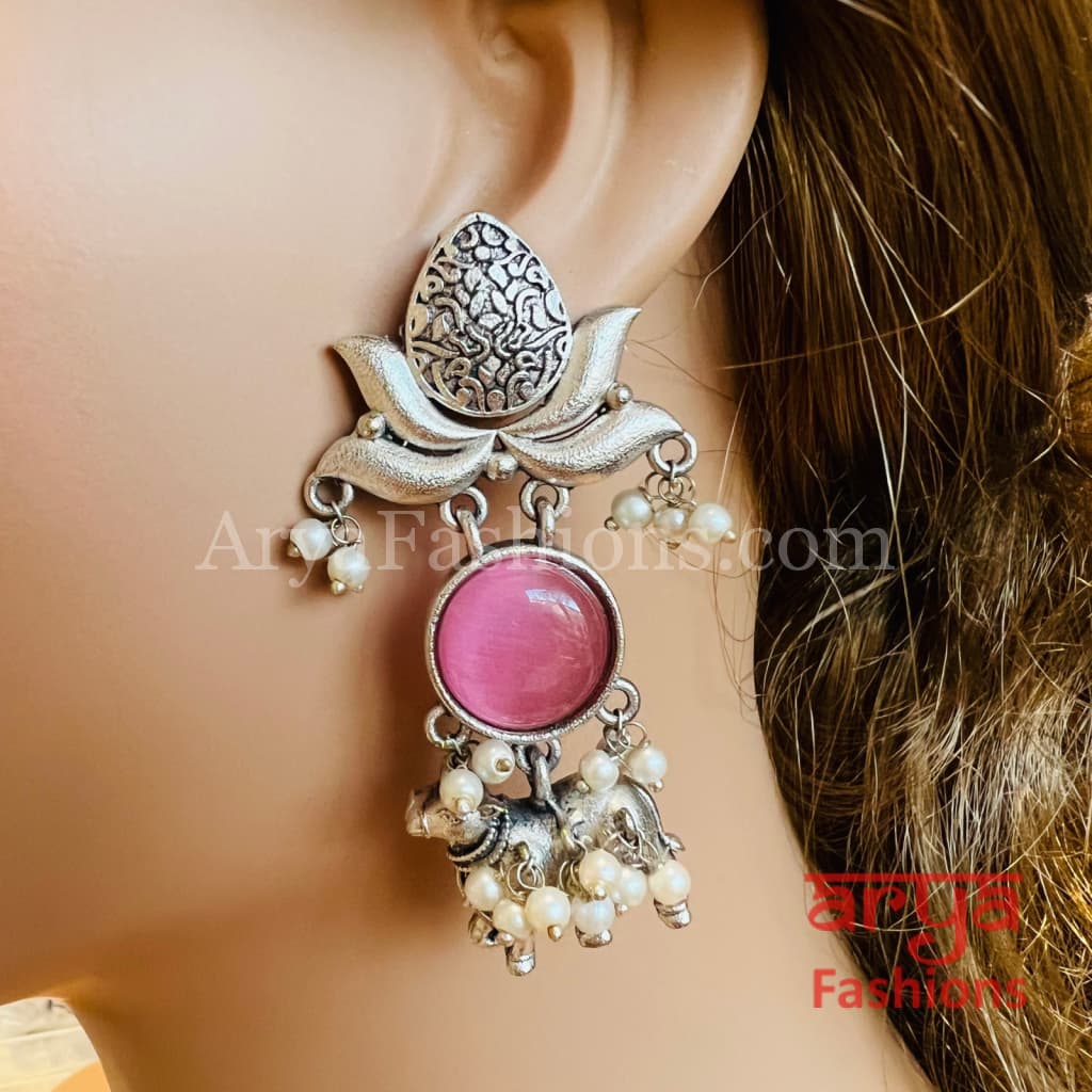 Soha Colored stone Silver like Oxidized Earrings