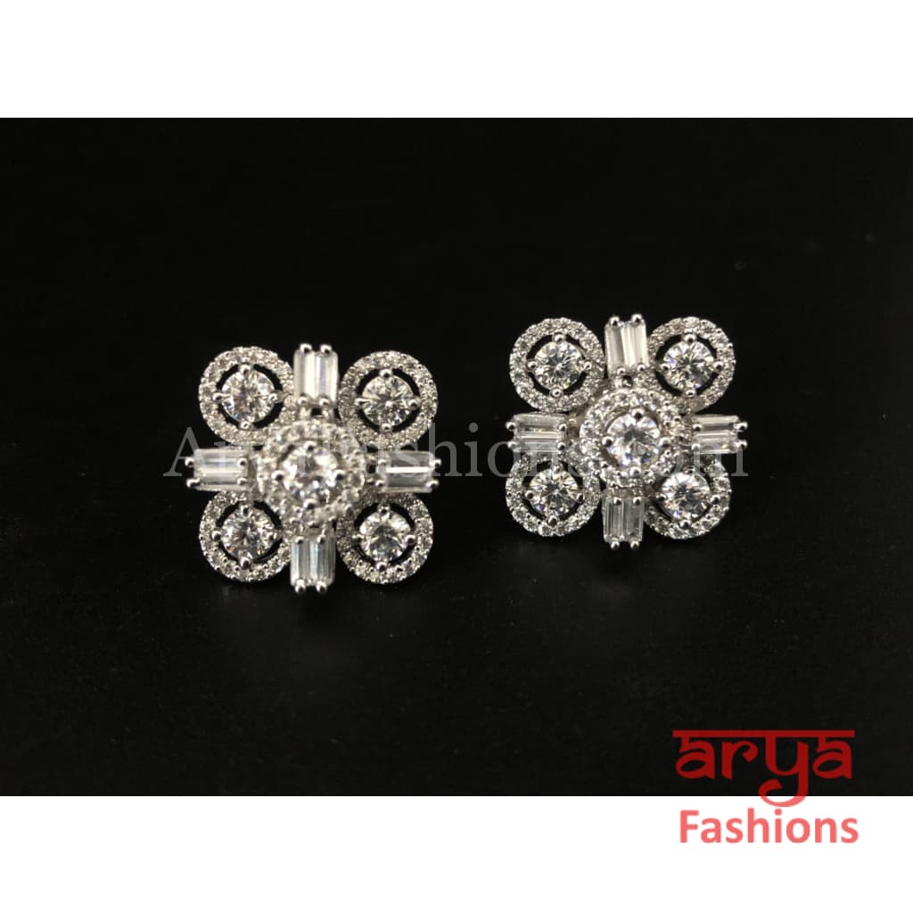 Square Elegant CZ Party Studs Silver Cocktail Cubic Zirconia