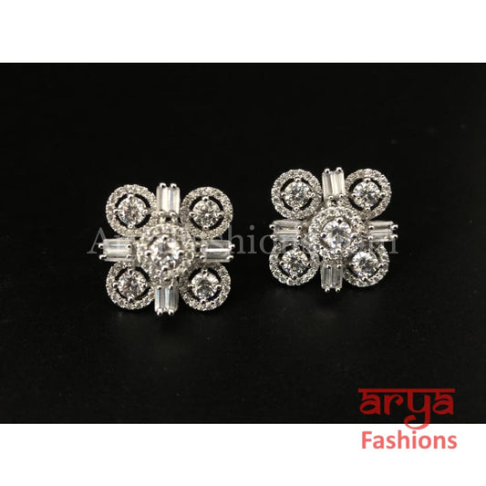 Square Elegant CZ Party Studs Silver Cocktail Cubic Zirconia