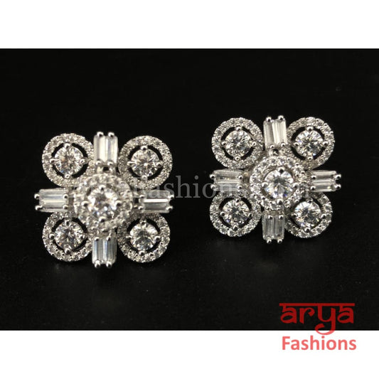 Square Elegant CZ Party Studs Silver Cocktail Cubic Zirconia